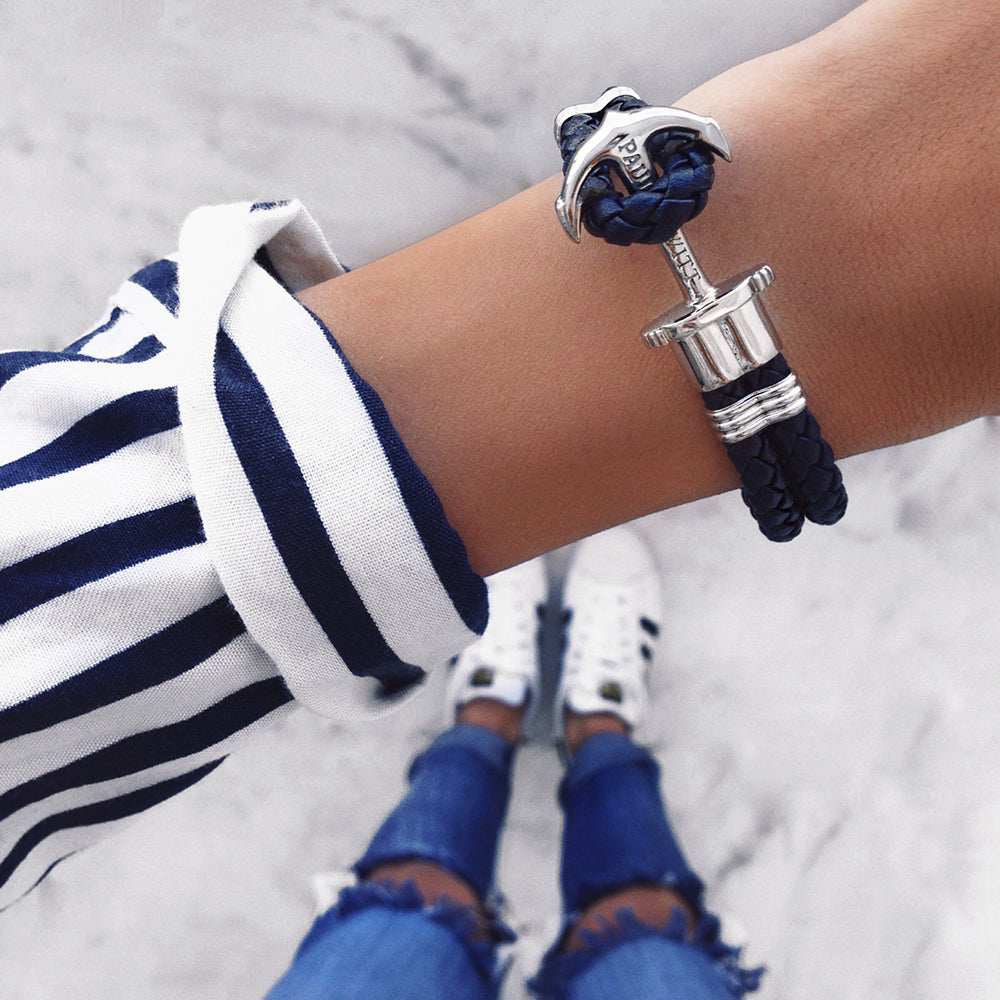 Bracelet Ancre Phrep Argent Cuir Bleu Marine