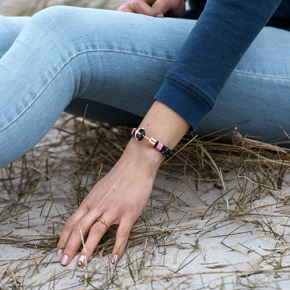 Bracelet Ancre Phrep Or Rose Nylon Bleu Marine Blanc Rose Clair